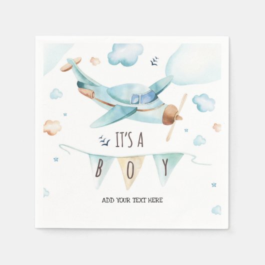 飛行機の赤ちゃんシャワーのナプキン – それは男の子 スタンダードカクテルナプキン (正面)