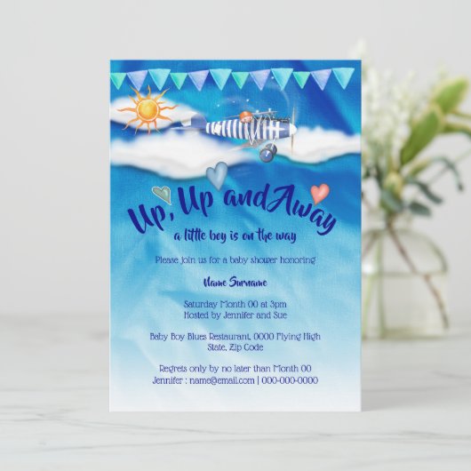 飛行機の赤ちゃんシャワーのヴィンテージ旅行飛んでいる少年 招待状 (スタンド正面)