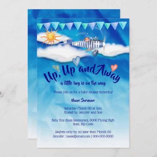 飛行機の赤ちゃんシャワーのヴィンテージ旅行飛んでいる少年 招待状 (正面/裏面)
