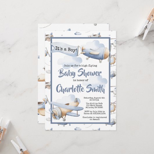 飛行機の赤ちゃんシャワーの招待状 招待状 (正面/裏面インサイチュ)