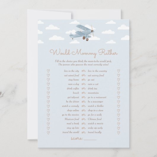 飛行機の赤ちゃんシャワーはママのゲームだろう 招待状 (正面)