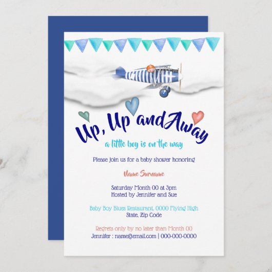 飛行機の赤ちゃんシャワーヴィンテージ旅行少年フラグ 招待状 (正面/裏面)