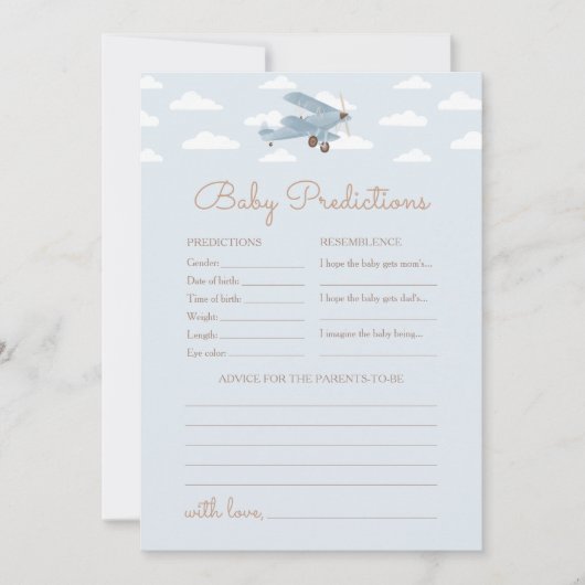 飛行機の赤ちゃんシャワー予測とアドバイスカード 招待状 (正面)