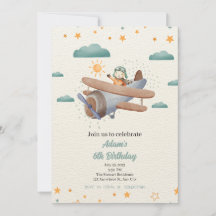 飛行機の青と緑の水の色の誕生日の招待