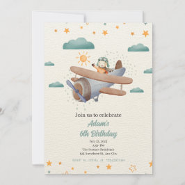 飛行機の青と緑の水の色の誕生日の招待 招待状