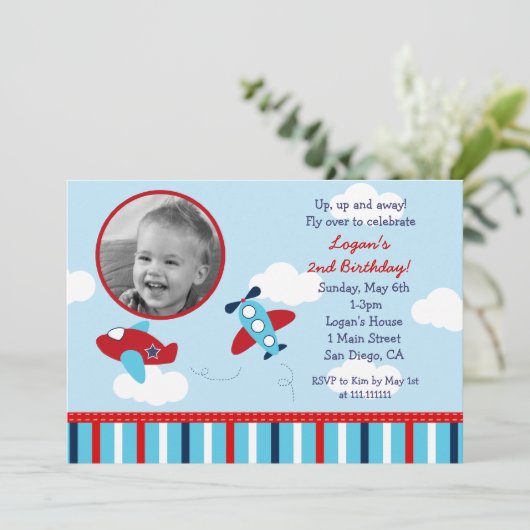 飛行機の飛行士の写真の誕生日の招待状 招待状 (スタンド正面)