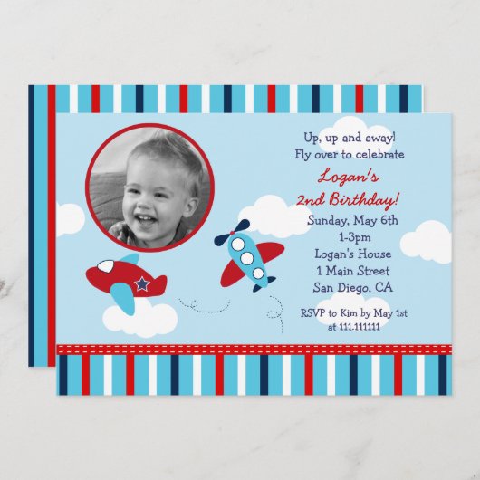 飛行機の飛行士の写真の誕生日の招待状 招待状 (正面/裏面)