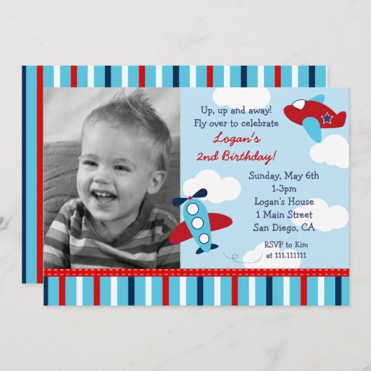 飛行機の飛行士の男の子の写真の誕生日の招待状 招待状 (正面/裏面)
