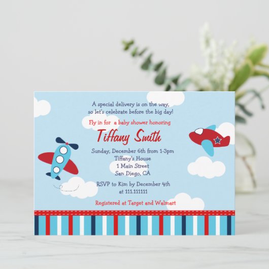 飛行機の飛行士の男の赤ちゃんのベビーシャワー招待状 招待状 (スタンド正面)