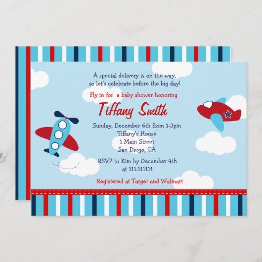 飛行機の飛行士の男の赤ちゃんのベビーシャワー招待状 招待状 (正面/裏面)