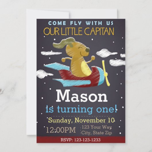 飛行機の黒板誕生日招待状(青) 招待状 (正面)