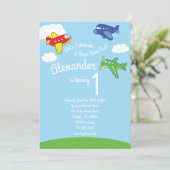 飛行機の1歳誕生日かわいい男の子の招待状 招待状 (スタンド正面)