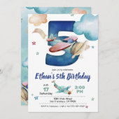 飛行機の5歳誕生日招待状 - 飛行機をテーマにしたパーティー 招待状 (正面/裏面)