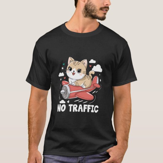 飛行機を操縦する猫 交通なし 飛行機 空の旅 Tシャツ (正面)