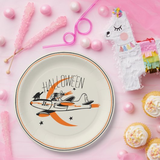 飛行機を飛ばしているヴィンテージのハロウィンの魔法使い ペーパープレート (パーティー)