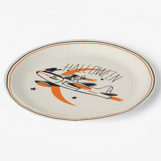 飛行機を飛ばしているヴィンテージのハロウィンの魔法使い ペーパープレート (アングル)