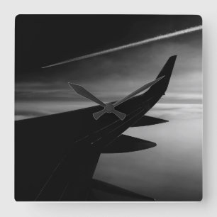 飛行機インザエアインブラックアンドホワイト スクエア壁時計