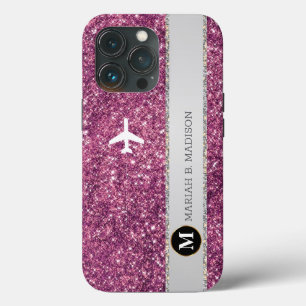 飛行機エレガントピンクシルバーグリッターモノグラム iPhone 13 PROケース