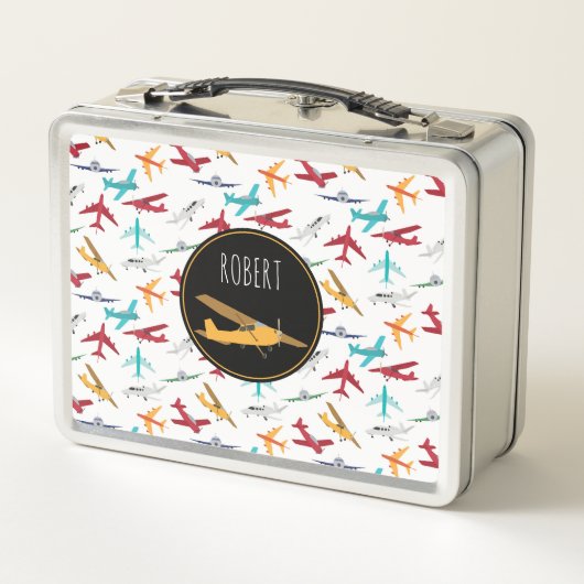 飛行機カラフルパターン名前をカスタムする メタルランチボックス (裏面)