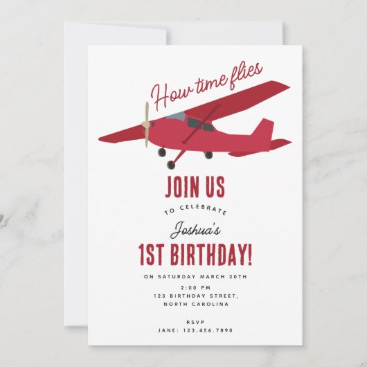 飛行機キッズ1st誕生日パーティータイムフライ 招待状 (正面)