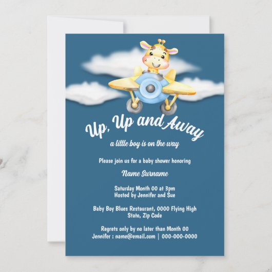 飛行機キリン赤ちゃんシャワーブルーパイロット飛行機 招待状 (正面)