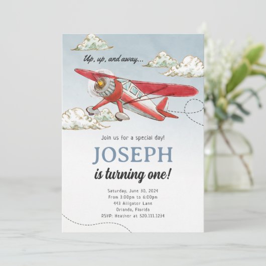 飛行機クラシックヴィンテージ誕生日パーティーへの招待 招待状 (スタンド正面)