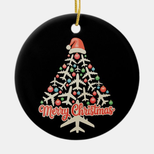 飛行機クリスマスツリーパイロットクリスマスホリデーファミリー セラミックオーナメント (正面)