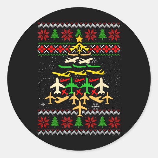 飛行機クリスマスツリー醜いクリスマススセーターDecorati ラウンドシール (正面)
