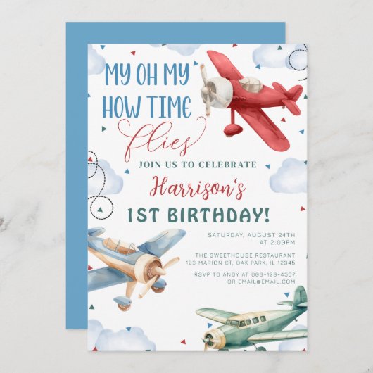 飛行機タイムフライ飛行機パーティー誕生日 招待状 (正面/裏面)