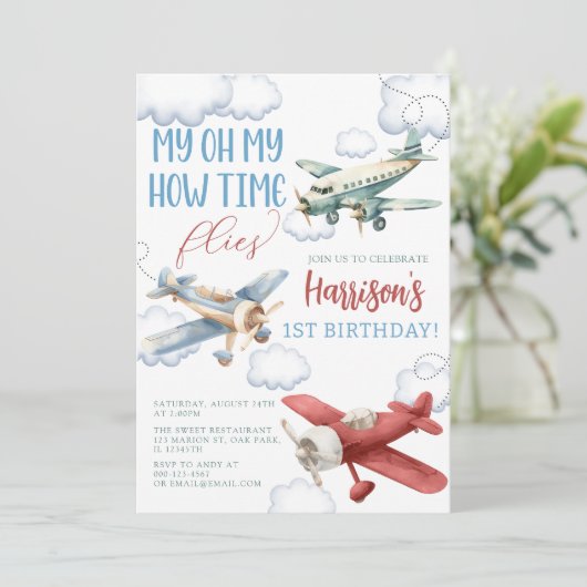 飛行機タイムフライ飛行機誕生日パーティー 招待状 (スタンド正面)