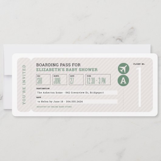 飛行機チケット旅行テーマ中性ベビーシャワー 招待状 (正面)