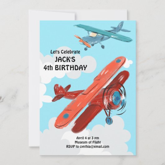 飛行機チャイルド誕生日 招待状 (正面)