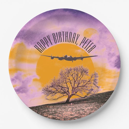 飛行機ツリーバイナリサンセット文字 ペーパープレート (正面)