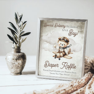 飛行機テディベアシャワーおむつラッフルサイン ポスター