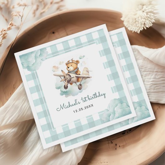 飛行機テディベアパステルジンガム1st誕生日 スタンダードカクテルナプキン