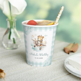 飛行機テディベアパステルジンガム1st誕生日 紙コップ