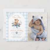 飛行機テディベアブルータイムフライ誕生日写真 招待状 (正面)