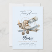 飛行機テディベアブルータイムフライ誕生日 招待状 (正面)