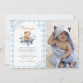 飛行機テディベアーブルーの最初の誕生日の写真 サンキューカード (正面)