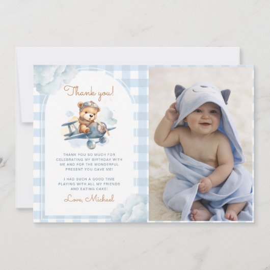 飛行機テディベアーブルーの最初の誕生日の写真 サンキューカード (正面)