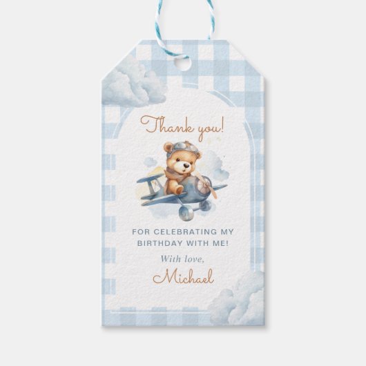 飛行機テディベアーブルーの誕生日 ギフトタグ (正面)