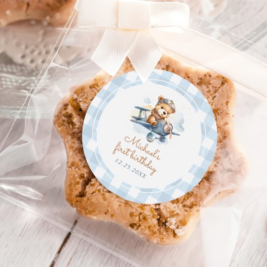 飛行機テディベアーブルーの誕生日 ラウンドシール