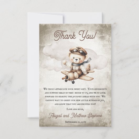 飛行機テディベア特別配送赤ちゃんシャワー サンキューカード (正面)