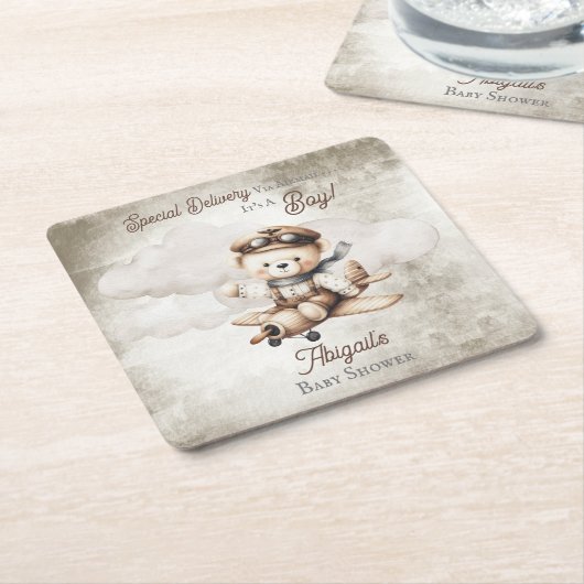 飛行機テディベア特別配送赤ちゃんシャワー スクエアペーパーコースター (アングル)