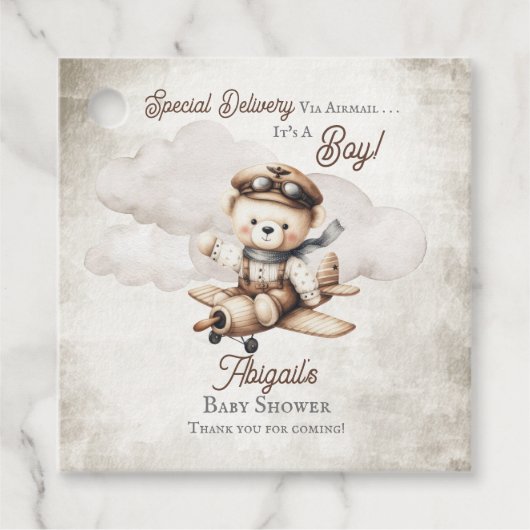 飛行機テディベア特別配送赤ちゃんシャワー フェイバータグ (正面)