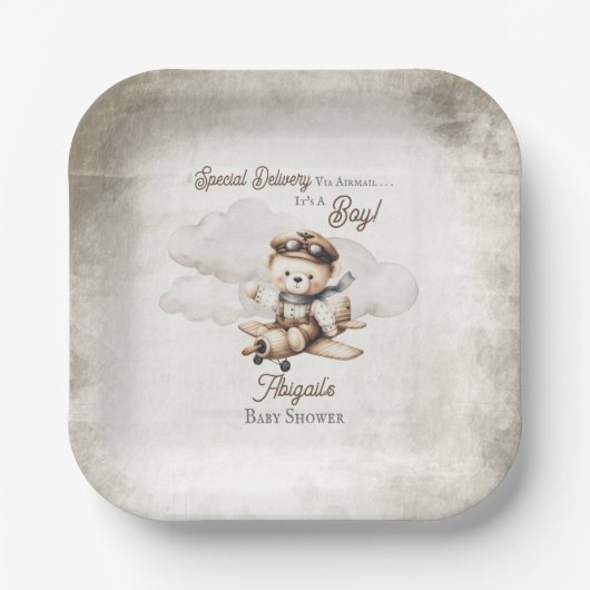 飛行機テディベア特別配送赤ちゃんシャワー ペーパープレート (正面)