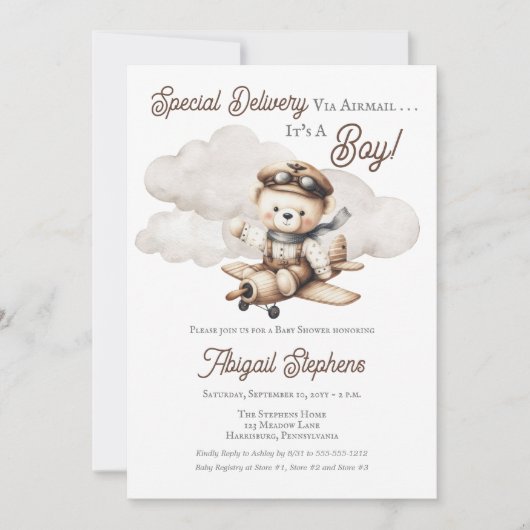 飛行機テディベア特別配送赤ちゃんシャワー 招待状 (正面)