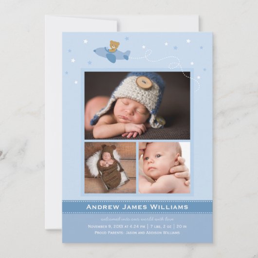 飛行機テディ男の赤ちゃんブルーと石板フォト誕生 案内状 (正面)