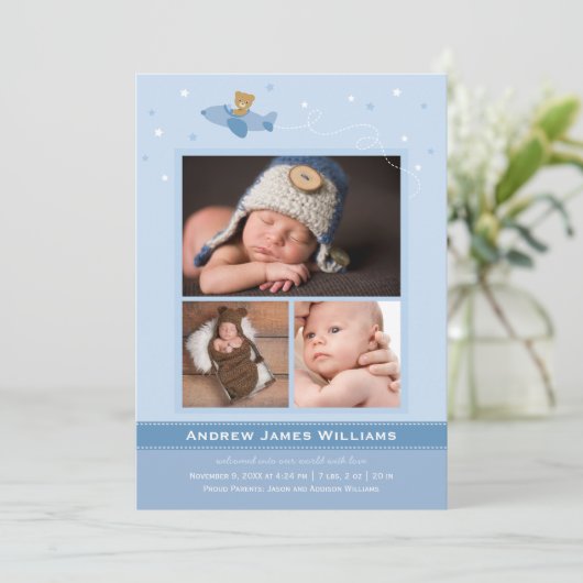飛行機テディ男の赤ちゃんブルーと石板フォト誕生 案内状 (スタンド正面)