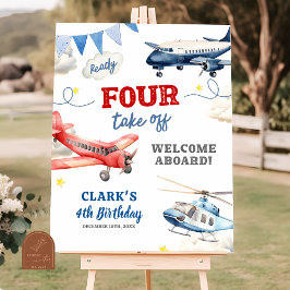 飛行機テーマの男の子の4歳の誕生日ウェルカムサイン ポスター